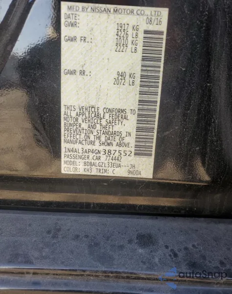 2016 Nissan Altima 2.5 z USA, uszkodzony, nr VIN 1N4AL3AP4GN387552